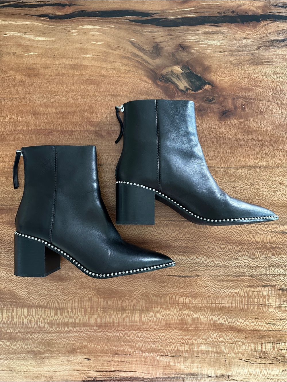 Steve Madden Aquarius Black Leather Studded Ankle Booties Block Heel Zipper S: 8
